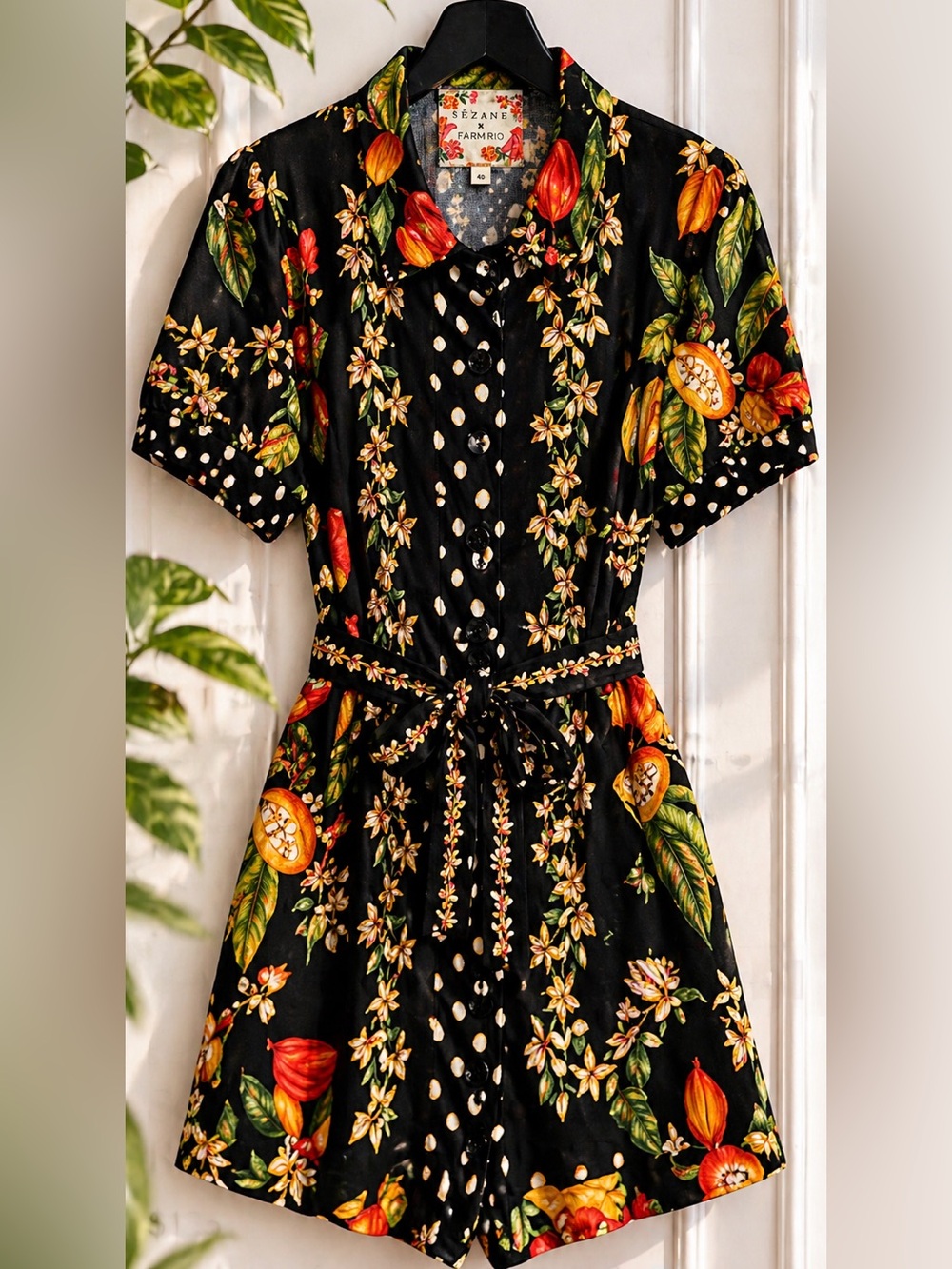 Sézane x FARM Rio Tropical Romper Blk Polka Dot Button Front Tie Waist Size 8